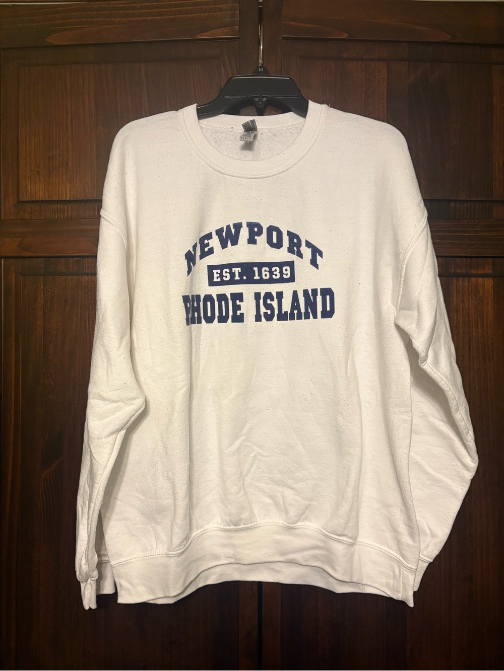 Gildan White Crewneck Sweatshirt with Navy "Newport Rhode Island" Graphic